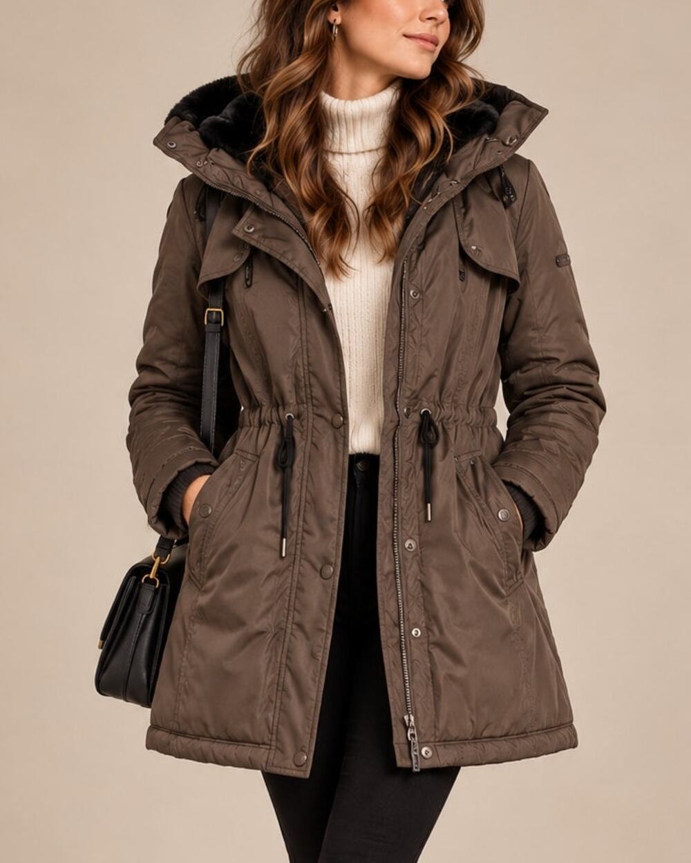 Laundry Shelli Segal Womens Fur Lined Hood Over Coat XS Brown Winter Apres Ski